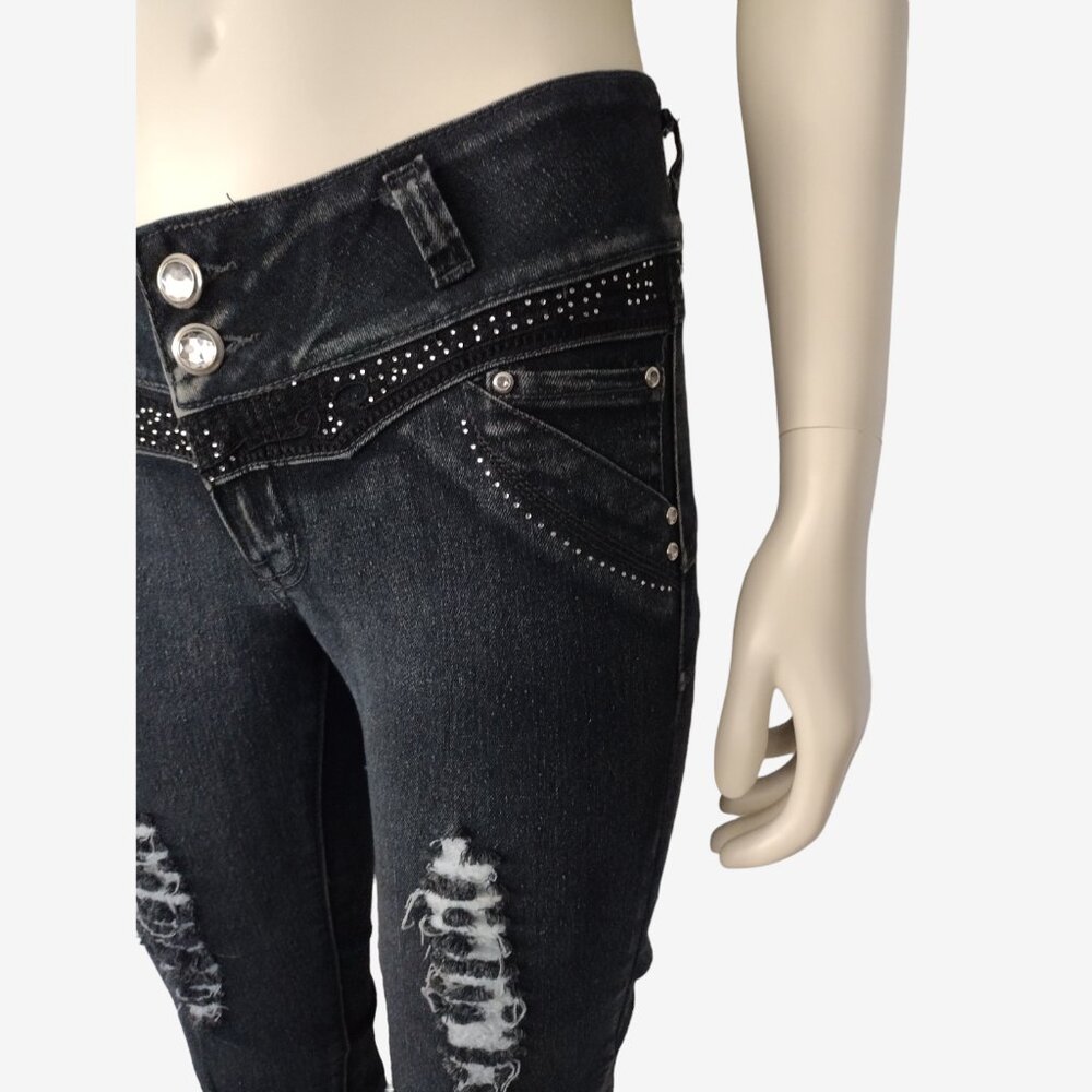 Vintage 2000s Low Rise Stretch Denim Distressed Jeweled Skinny Jeans - Picture 8 of 12